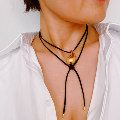 Black Leather Teardrop Necklace-1
